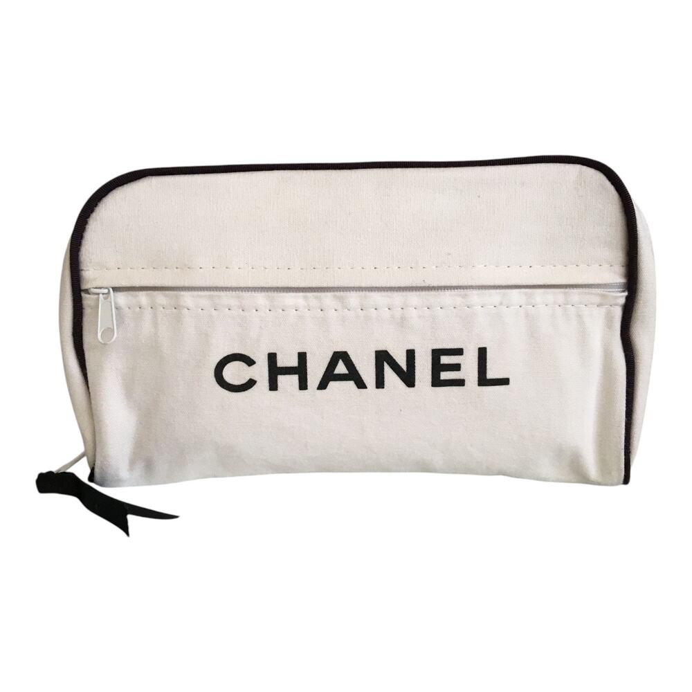Vintage Chanel Canvas Cosmetic Bag Toiletry Makeup Beauty Pouch White Black